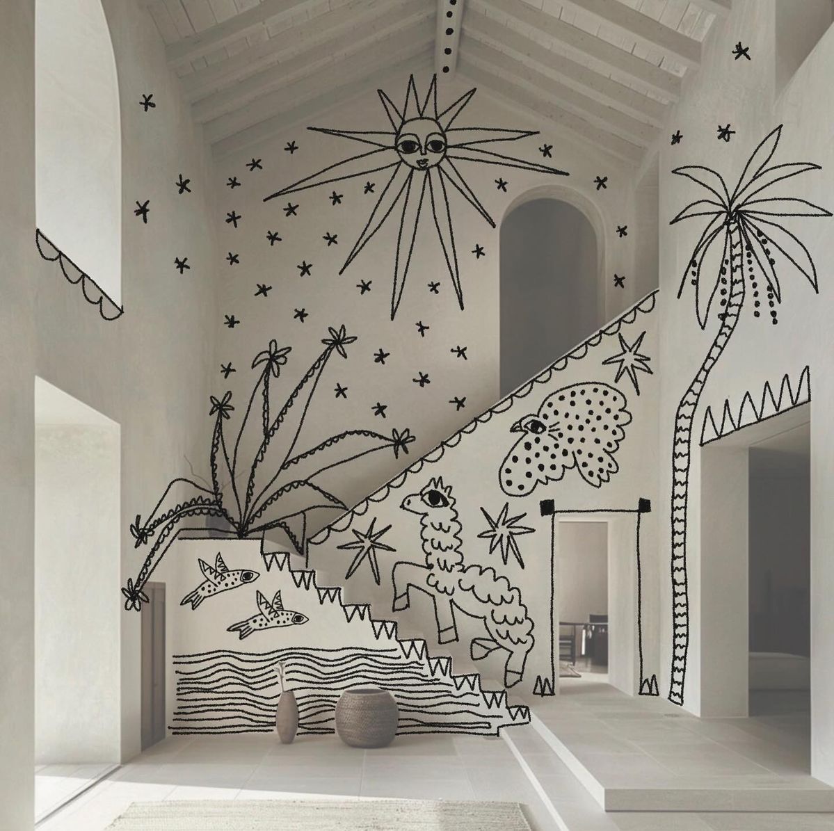 A hand-drawn black line mural covering an interior stair wall with a sun, palm trees, tropical plants, fish, a llama and scattered stars in a minimalist Tulum space.